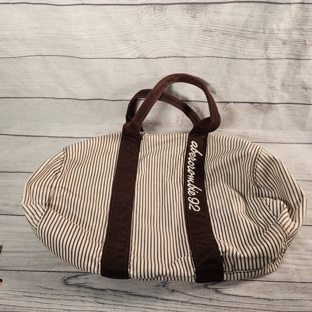 Abercrombie & Fitch Striped Canvas Duffle Bag Brown White Embroidered Logo 92